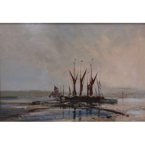 2006 - Edward Gentry (b.1943): oil on board, 'Barges Laid Up', dated '81, image 79 x 53cm, overall 92 x 67c... 