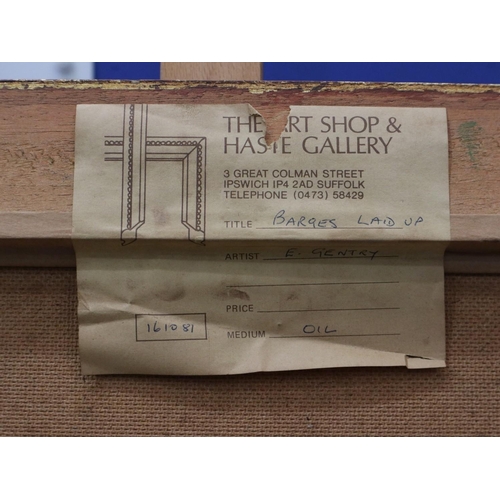 2006 - Edward Gentry (b.1943): oil on board, 'Barges Laid Up', dated '81, image 79 x 53cm, overall 92 x 67c... 