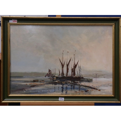 2006 - Edward Gentry (b.1943): oil on board, 'Barges Laid Up', dated '81, image 79 x 53cm, overall 92 x 67c... 