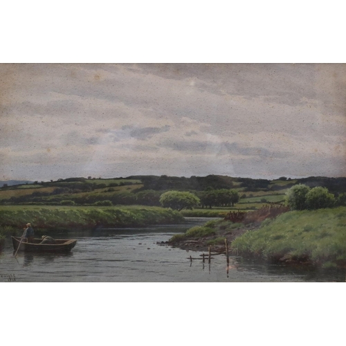 2008 - Joseph Knight (1837-1909): watercolour, meandering river with rowing boat, dated 1878, image 50 x 32... 