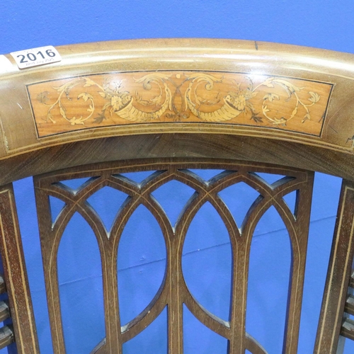 2016 - Edwardian barrel-form inlaid walnut chair, the back rail profusely decorated with swags and cornucop... 