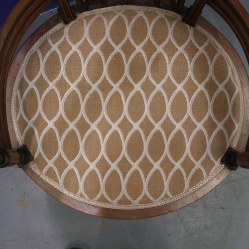 2016 - Edwardian barrel-form inlaid walnut chair, the back rail profusely decorated with swags and cornucop... 