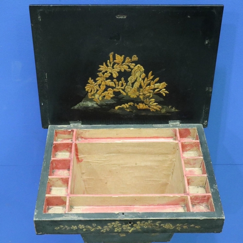 2022 - Victorian black lacquered and Japanned sewing table, lifting lid with fitted interior raised on a tu... 