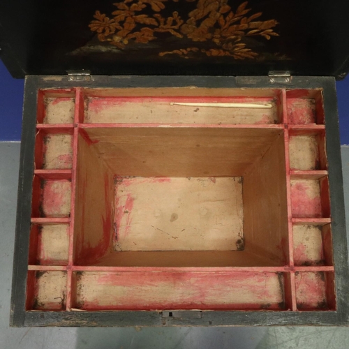 2022 - Victorian black lacquered and Japanned sewing table, lifting lid with fitted interior raised on a tu... 