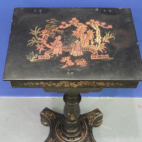 2022 - Victorian black lacquered and Japanned sewing table, lifting lid with fitted interior raised on a tu... 