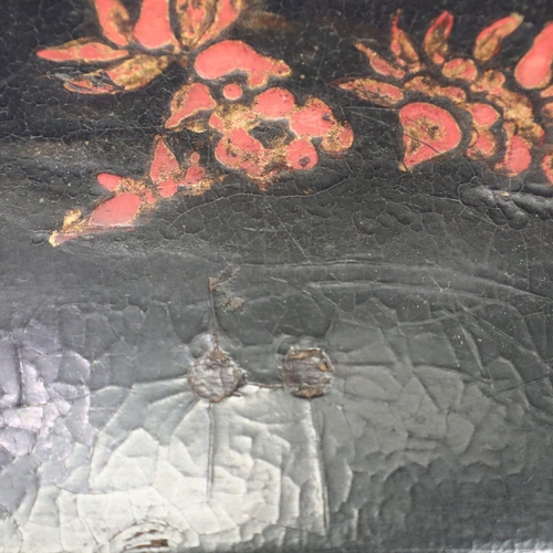 2022 - Victorian black lacquered and Japanned sewing table, lifting lid with fitted interior raised on a tu... 