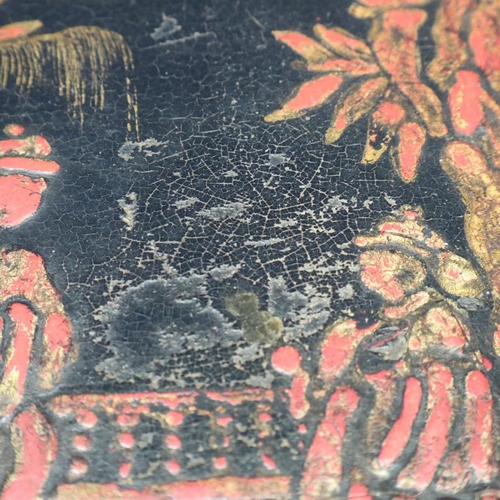 2022 - Victorian black lacquered and Japanned sewing table, lifting lid with fitted interior raised on a tu... 