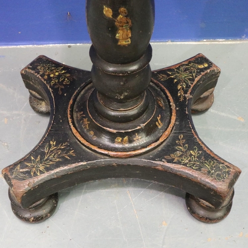 2022 - Victorian black lacquered and Japanned sewing table, lifting lid with fitted interior raised on a tu... 