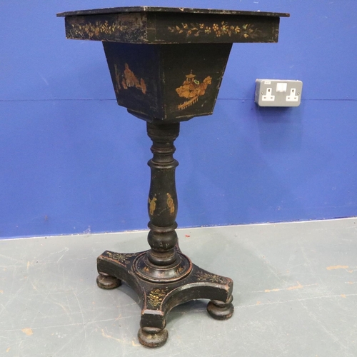 2022 - Victorian black lacquered and Japanned sewing table, lifting lid with fitted interior raised on a tu... 