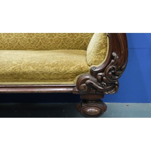 2023 - Victorian heavily carved and upholstered chaise longue, walnut framed with oversized bulbous support... 