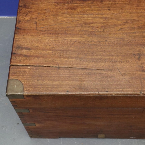 2034 - 19th century teak campaign style travelling chest, with brass corners and cartouche, for restoration... 