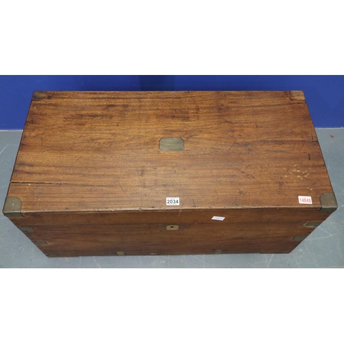2034 - 19th century teak campaign style travelling chest, with brass corners and cartouche, for restoration... 