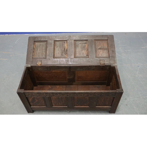 2036 - A diminutive 18th century panelled oak coffer with carved frieze, 84 x 31 x 37cmH. Not available for... 