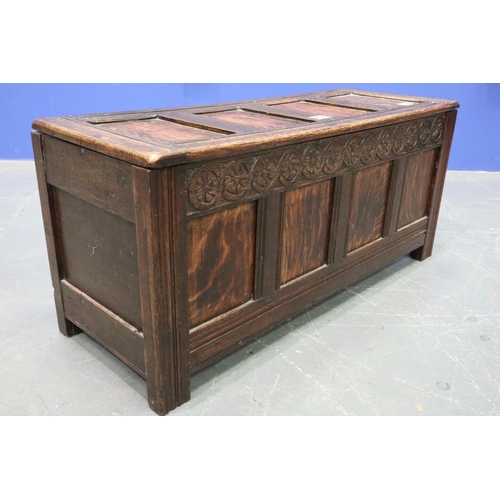 2036 - A diminutive 18th century panelled oak coffer with carved frieze, 84 x 31 x 37cmH. Not available for... 