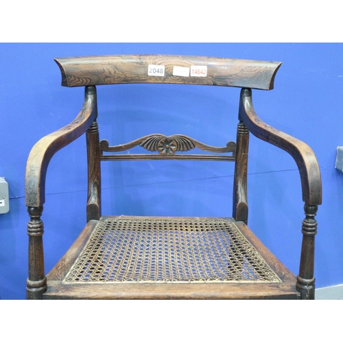 2048 - A pair of Regency period rosewood elbow chairs, each having bergère seats, with turned supports and ... 