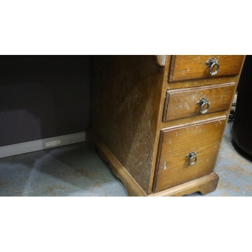 2053 - 20th century oak twin pedestal writing desk, twin pedestal with carved detail to top-drawer facias a... 