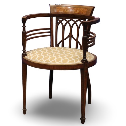 2016 - Edwardian barrel-form inlaid walnut chair, the back rail profusely decorated with swags and cornucop... 