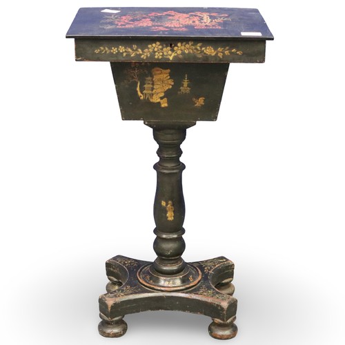 2022 - Victorian black lacquered and Japanned sewing table, lifting lid with fitted interior raised on a tu... 