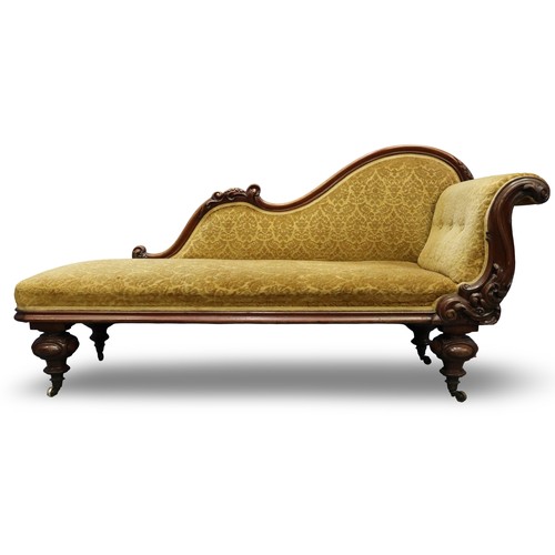 2023 - Victorian heavily carved and upholstered chaise longue, walnut framed with oversized bulbous support... 