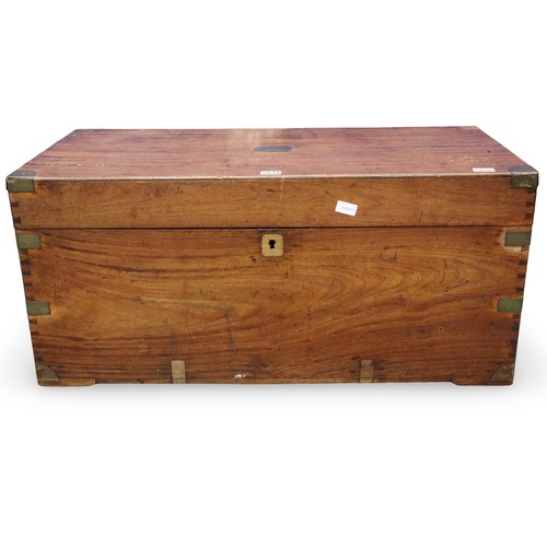 2034 - 19th century teak campaign style travelling chest, with brass corners and cartouche, for restoration... 