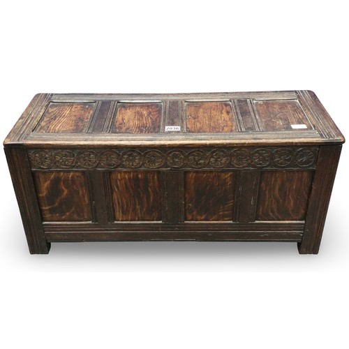 2036 - A diminutive 18th century panelled oak coffer with carved frieze, 84 x 31 x 37cmH. Not available for... 