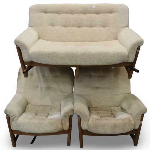 2044 - Ercol Wychwood suite of lounge furniture, elm framed with textured cream upholstery, comprising two-... 