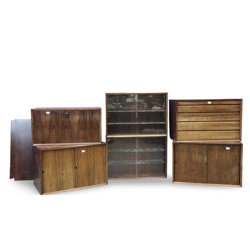 2055 - Mid-20th century modular wall mounting units, including a chest of three drawers, drop-front drinks ... 
