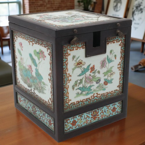 367 - Oriental metal bound tiled box with wooden interior, top tile cracked, 16 x 16 x 20 cm. Crack across... 