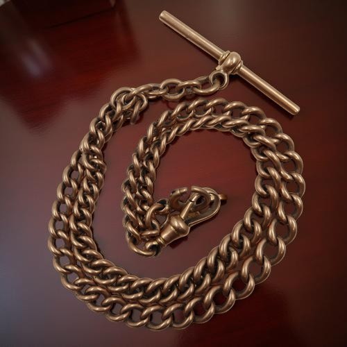 82 - 9ct rose gold graduating double Albert watch chain with T bar and clip, circular catch A/F, L: 43cm,...