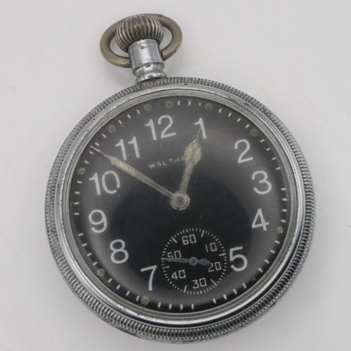 2045 - Waltham WWII period chromium cased military pocket watch, crown winding with black dial and subsidia... 