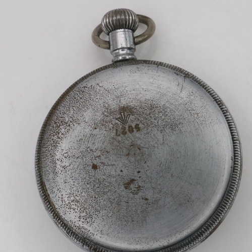 2045 - Waltham WWII period chromium cased military pocket watch, crown winding with black dial and subsidia... 