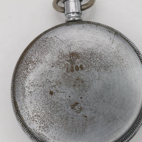 2045 - Waltham WWII period chromium cased military pocket watch, crown winding with black dial and subsidia... 