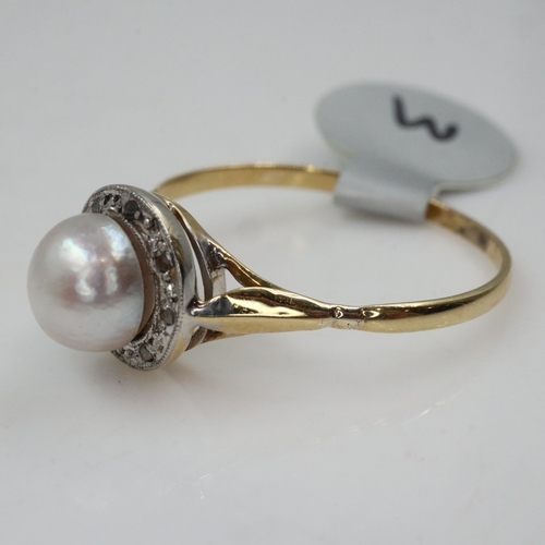 5 - Vintage 9ct gold pearl set ring, surrounded by a halo of diamonds, size M, 1.2g. UK P&P Group 0 (£7+... 