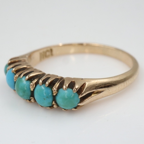 96 - 18ct gold ring set with five graduating turquoise cabochons, size N/O, 3.3g. UK P&P Group 0 (£7+VAT ... 