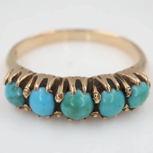 96 - 18ct gold ring set with five graduating turquoise cabochons, size N/O, 3.3g. UK P&P Group 0 (£7+VAT ... 
