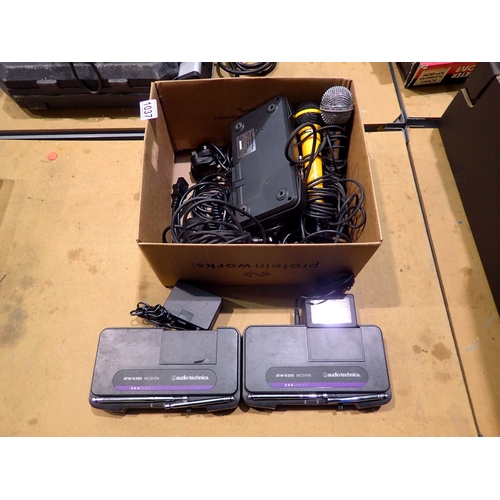 1037 - Three Audio Technica ATW-R200 Receivers and four microphones with cables. Not available for in-house... 