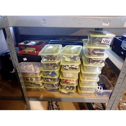 1202 - Three boxes including buttons, dress patterns and needle work basket. Not available for in-house P&P