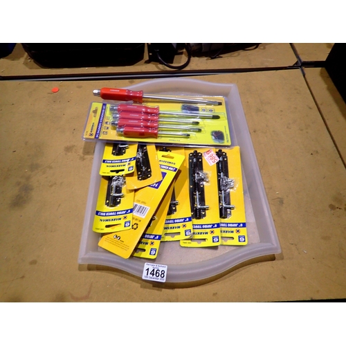 1468 - Nine Marksman 6 inch jumbo tower bolts and a 5 piece Marksman screwdriver set. Not available for in-... 