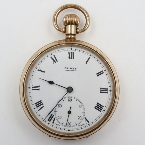 159 - Gents 9ct gold pocket watch, with a Buren Grand Prix 17 jewel working movement. UK P&P Group 1 (£18+... 