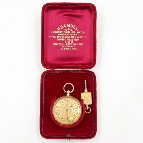 165 - 18ct fob watch, with fifteen jewel movement, chased dial and roman charters, base metal dust cover, ... 