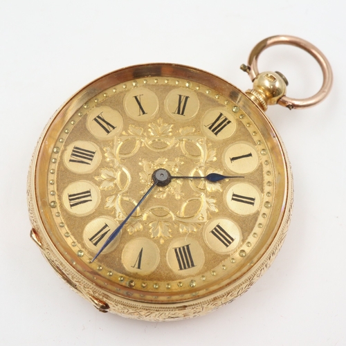 165 - 18ct fob watch, with fifteen jewel movement, chased dial and roman charters, base metal dust cover, ... 