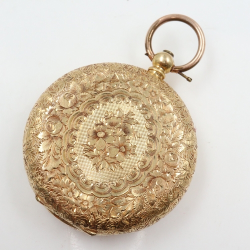 165 - 18ct fob watch, with fifteen jewel movement, chased dial and roman charters, base metal dust cover, ... 