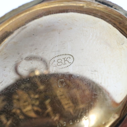 165 - 18ct fob watch, with fifteen jewel movement, chased dial and roman charters, base metal dust cover, ... 