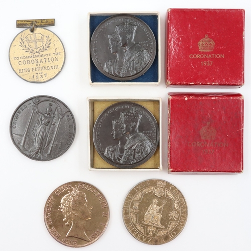 167 - Three bronze medallions for the 1937 coronation, two gilt examples for the 1953 coronation and a 193... 