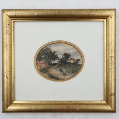 399 - Framed miniature watercolour, J. Pulman 1835-1898, L: 24 cm. UK P&P Group 2 (£24+VAT for the first l... 