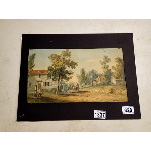 1337 - 18th-19th century watercolour on paper of a village scene, unattributed, 34 x 19 cm. UK P&P Group 2 ... 