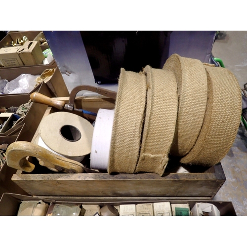 Wooden box containing mixed furniture webbing and tools. Not available ...
