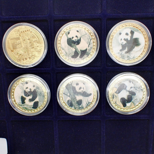 1107 - Five commemorative panda crowns with a further plated bitcoin example. UK P&P Group 1 (£18+VAT for t... 