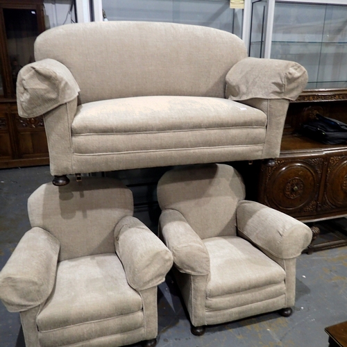 1617A - 1940s recovered three piece lounge suite on bun feet, sofa with drop-arm, sofa L: 160cm. Not availab... 