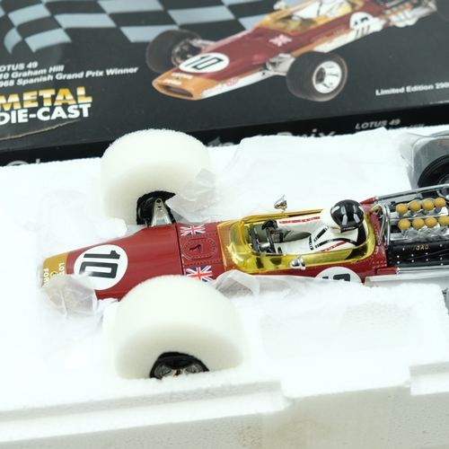 253 - Quartzo 1/18 scale Lotus 49 Gold Leaf, No 10, Graham Hill, 1968 Spanish Grand Prix winner, excellent... 